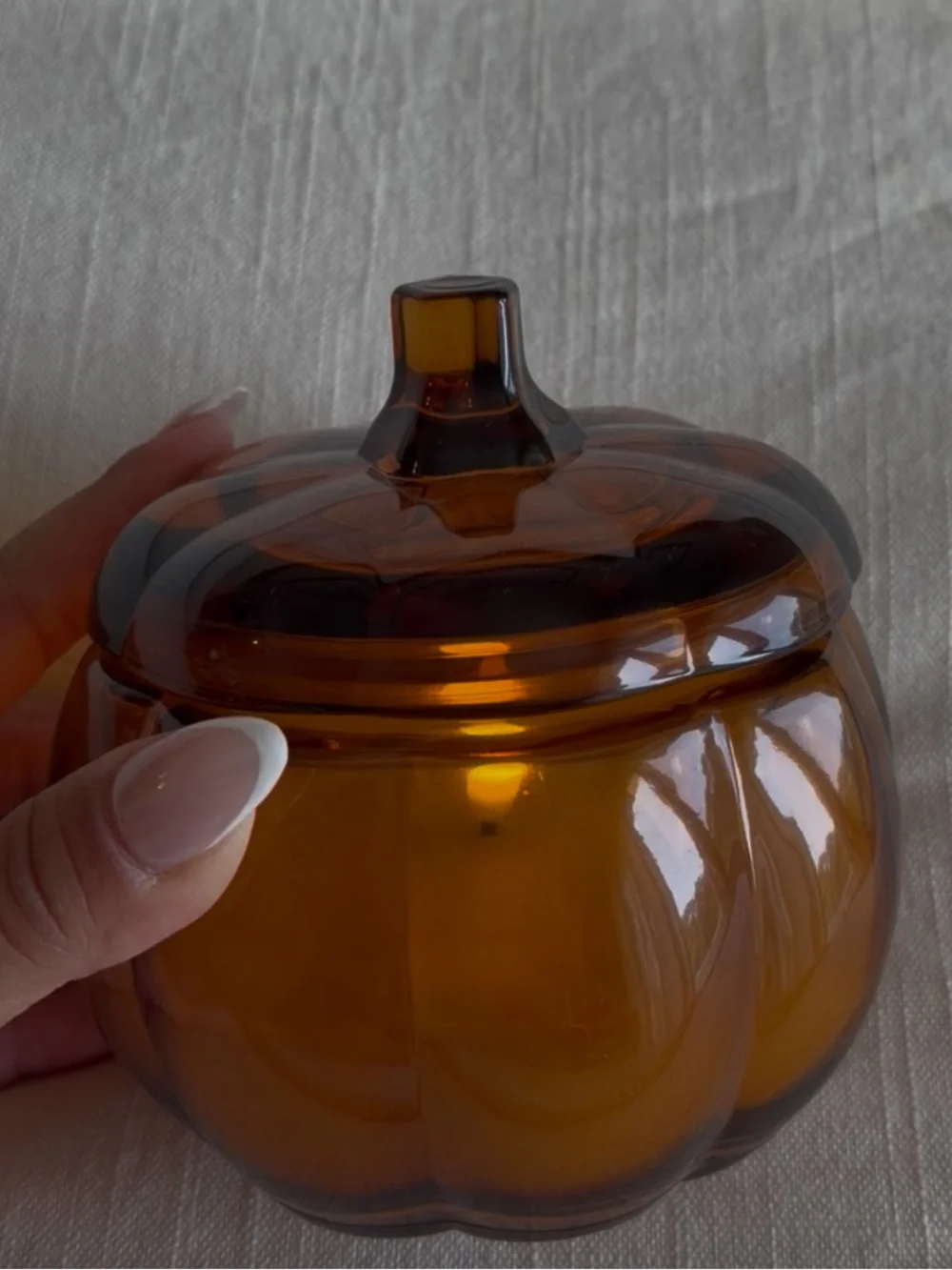 Hobby Lobby Pumpkin Container LED Candle Amber Glass Pumpkin Jar with Lid